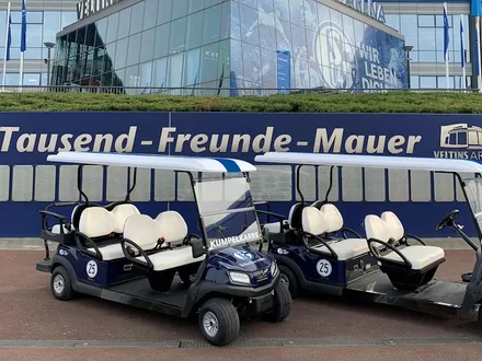 Zwei Golfkarts stehen vor der Tausend-Freunde-Mauer an der VELTINS-Arena