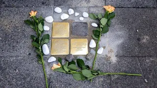 Vier Stolpersteine sind in den Gehweg eingelassen, umgeben von weißen Kieselsteinen und orangefarbenen Rosen. Die messingfarbenen Gedenktafeln erinnern an Mitglieder der Familie Rosenberg, Opfer der NS-Zeit.