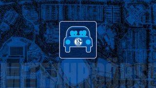 Logo der S04-Mitfahrbörse auf einem grafischen Hintergrund