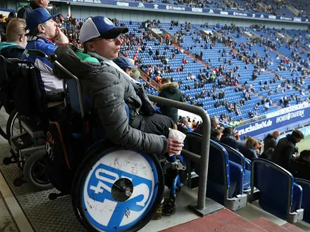 Männer im Rollstuhl schauen vom Block aus in die VELTINS-Arena auf das Spielfeld. Im Hintergrund sind weitere Zuschauer zu erkennen, das Stadion ist halb gefüllt.