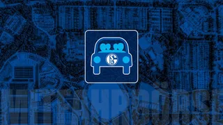Logo der S04-Mitfahrbörse auf einem grafischen Hintergrund
