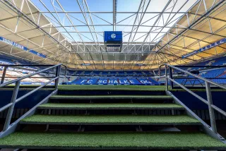 Blick aus dem Spielertunnel des Veltins-Arena-Stadions auf das Spielfeld und die Tribünen von FC Schalke 04. Im Vordergrund führen mit Kunstrasen belegte Treppenstufen aufs Spielfeld, im Hintergrund sieht man das Vereinslogo auf den Sitzplätzen und einen großen Videowürfel unter dem Stadiondach.